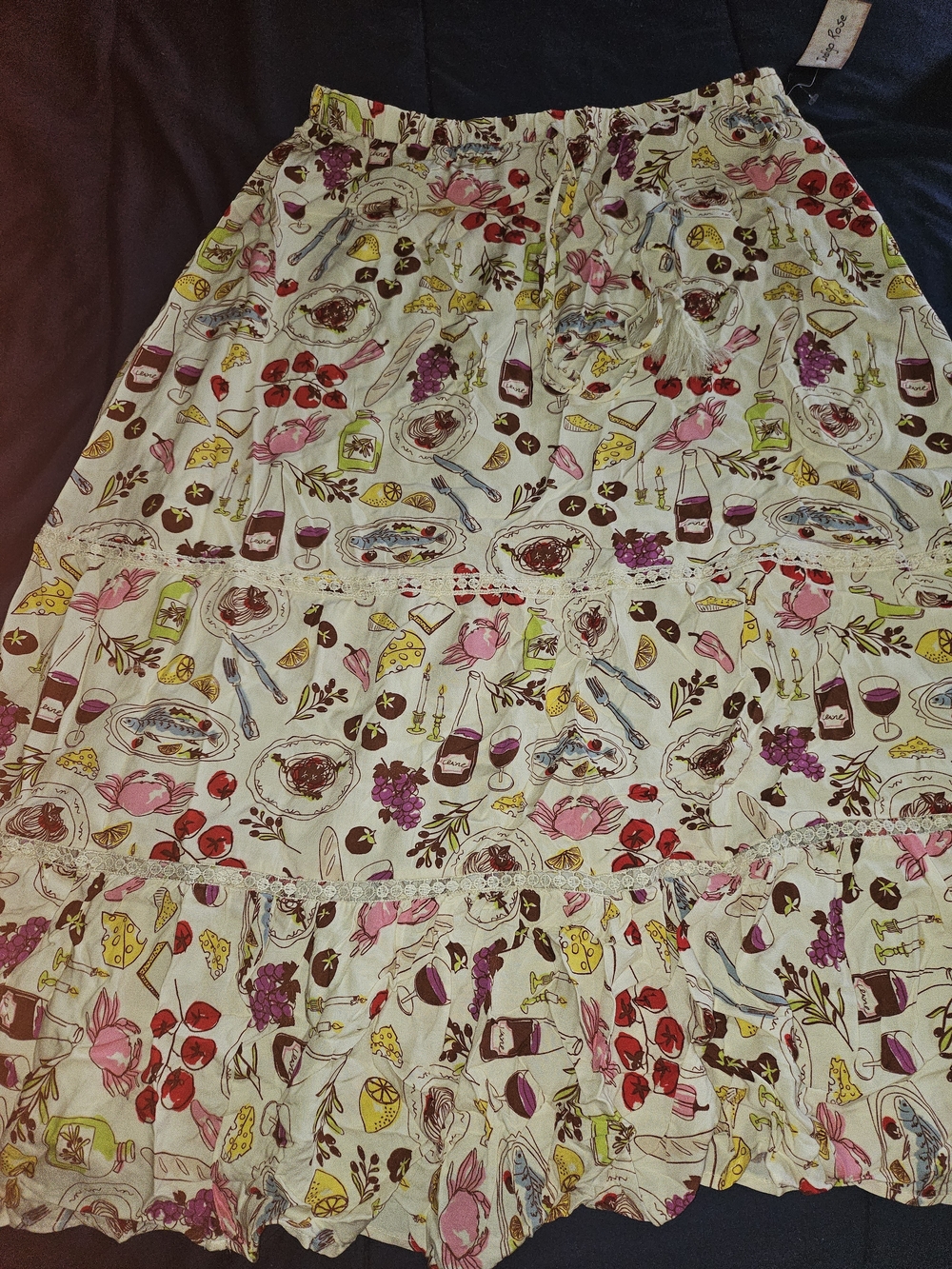 Cream Floral & Gourmet Print Tiered Midi Skirt - Pink, Red & Yellow Accents